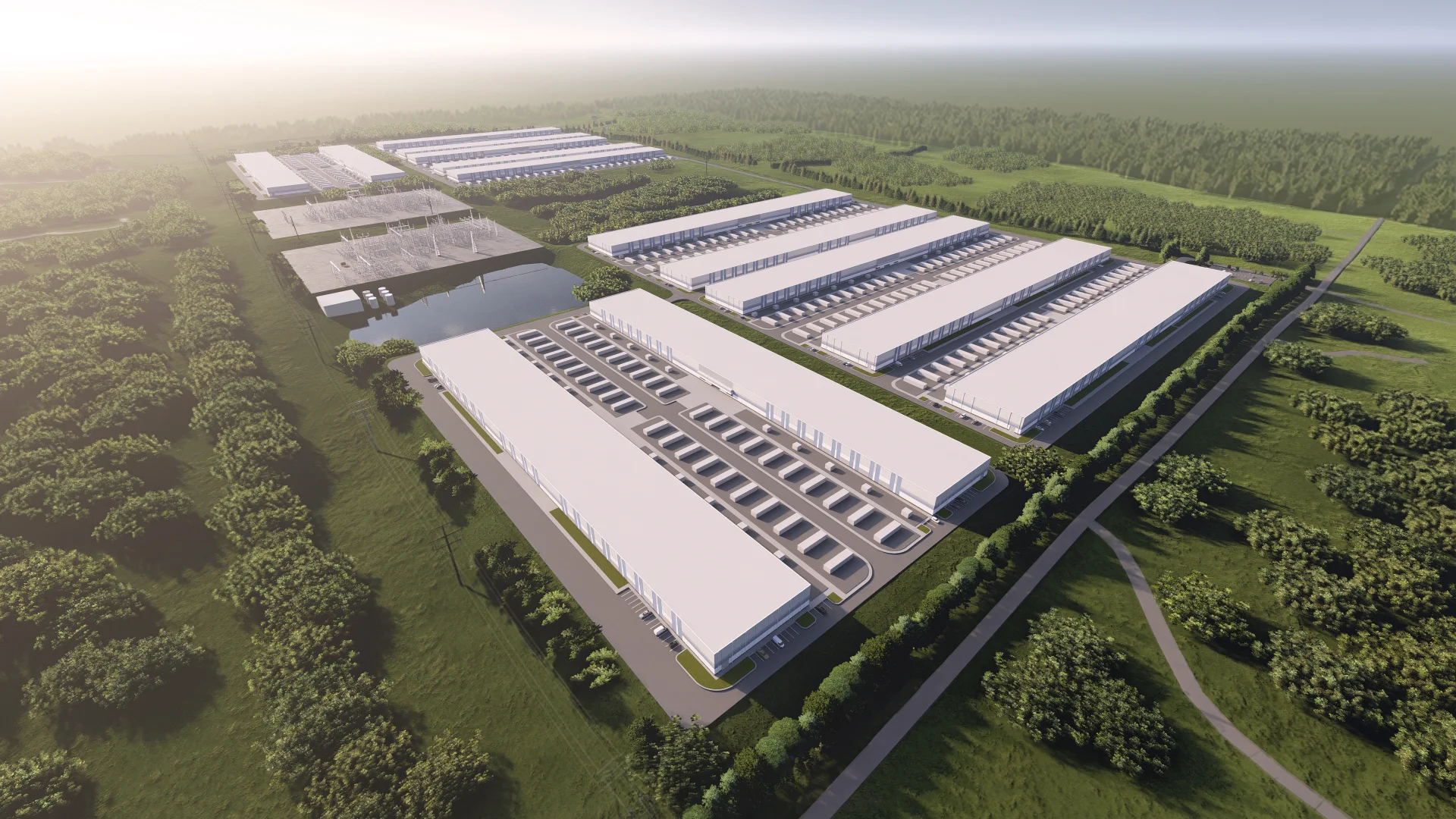 Aerial rendering of the Redbud Energy Facility — rows of long, low-profile data center buildings on a landscaped campus surrounded by mature trees, with a retention pond in the foreground under soft daylight