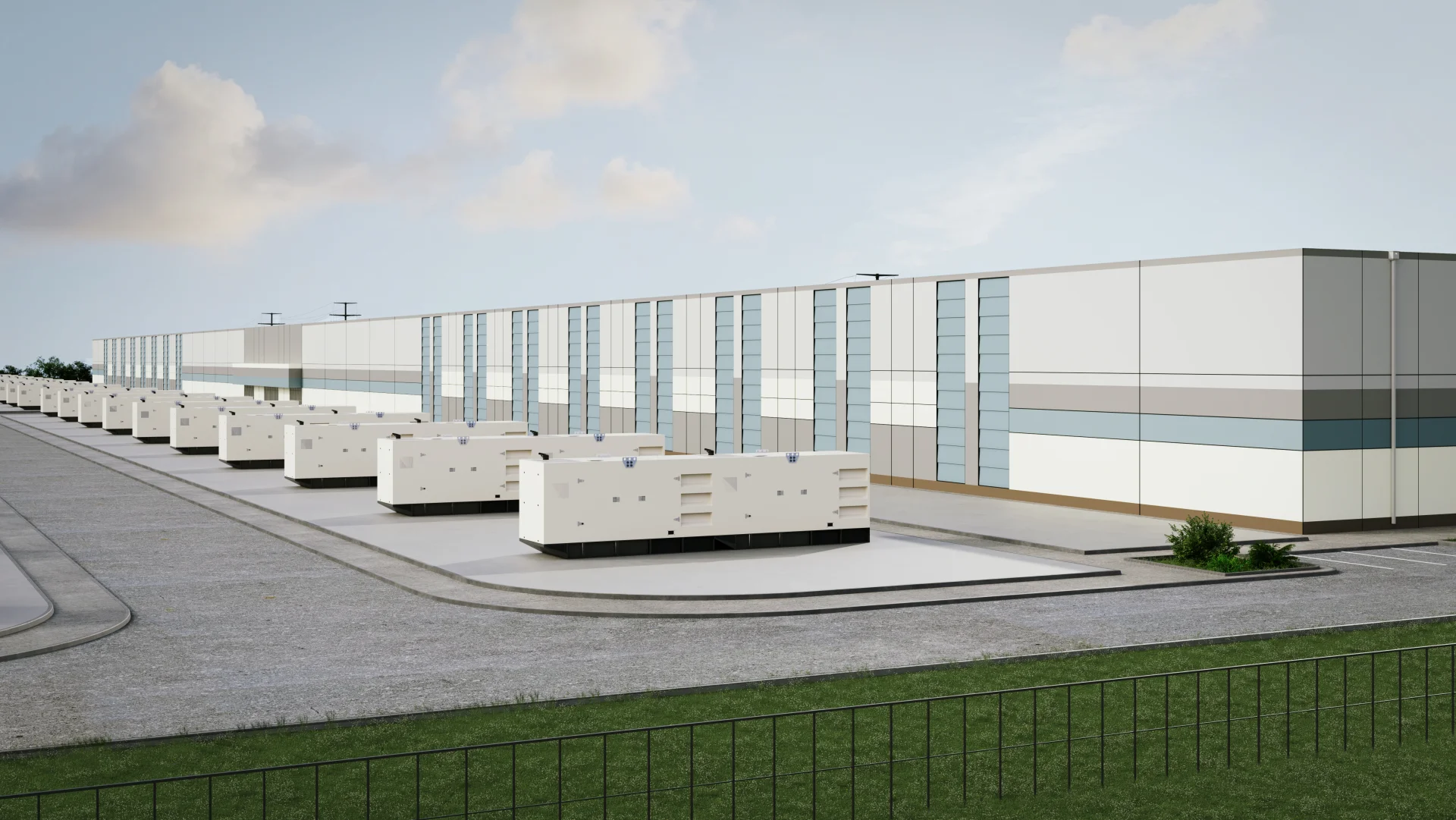 Ground-level rendering of backup generator enclosures lined up along a paved service lane beside the Redbud Energy Facility data center buildings, with perimeter fencing and landscaping in the foreground