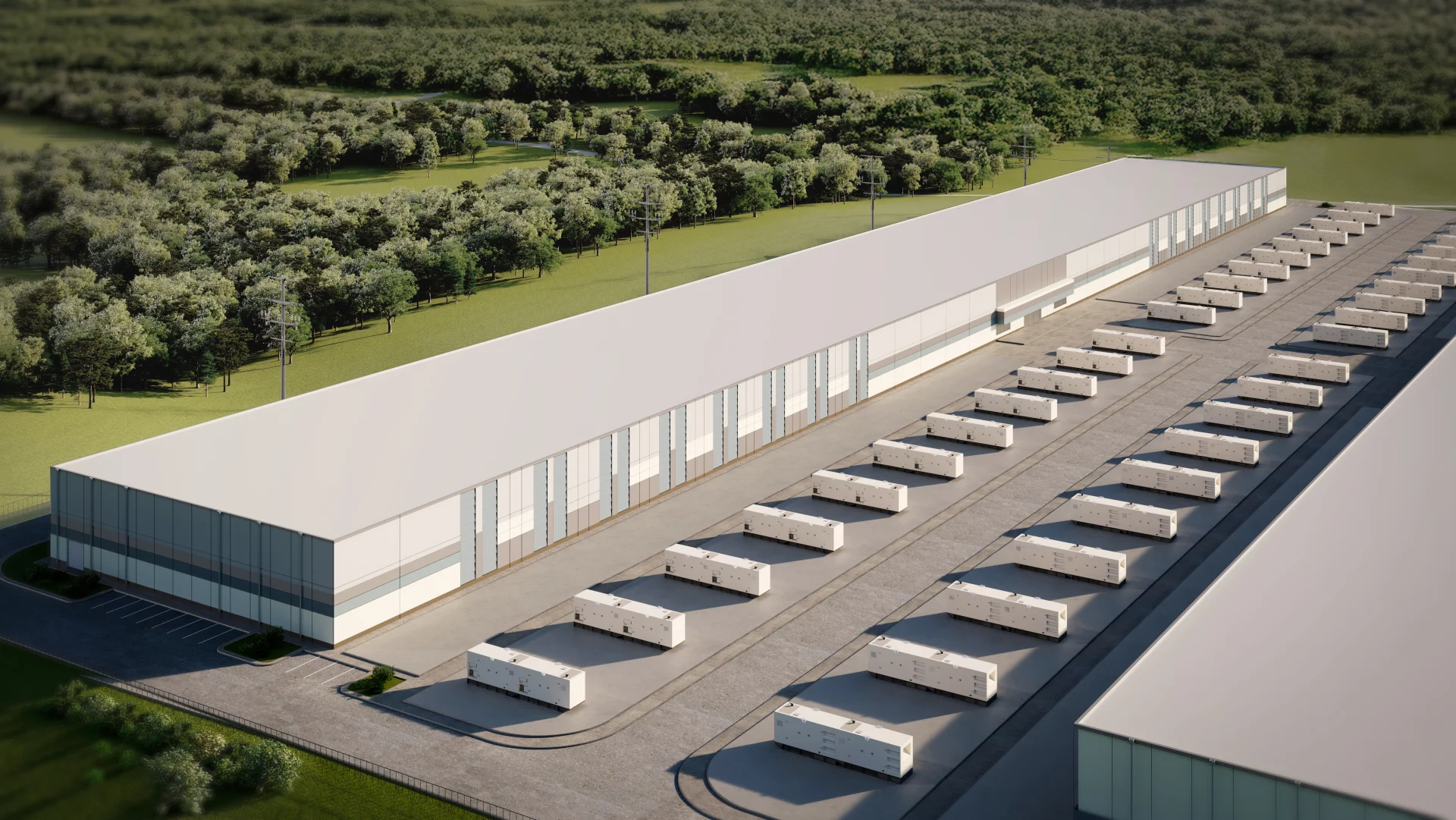 Aerial rendering of a Redbud Energy Facility data center building with rows of white rooftop cooling units, bordered by mature trees and green landscaping