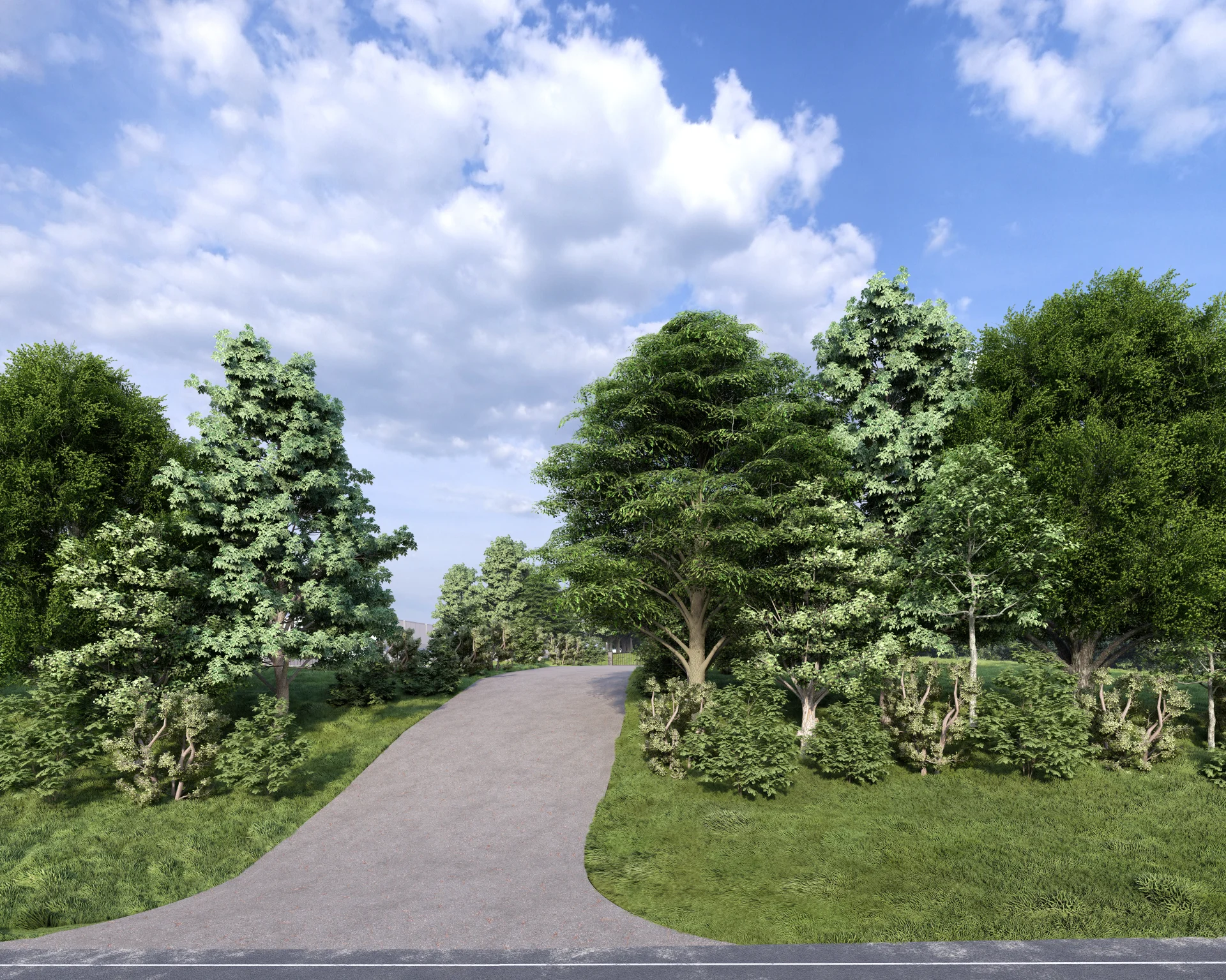 Ground-level view from the eastern side of the site on East Covell Road showing a driveway winding through mature trees and landscaping along the south parcel edge