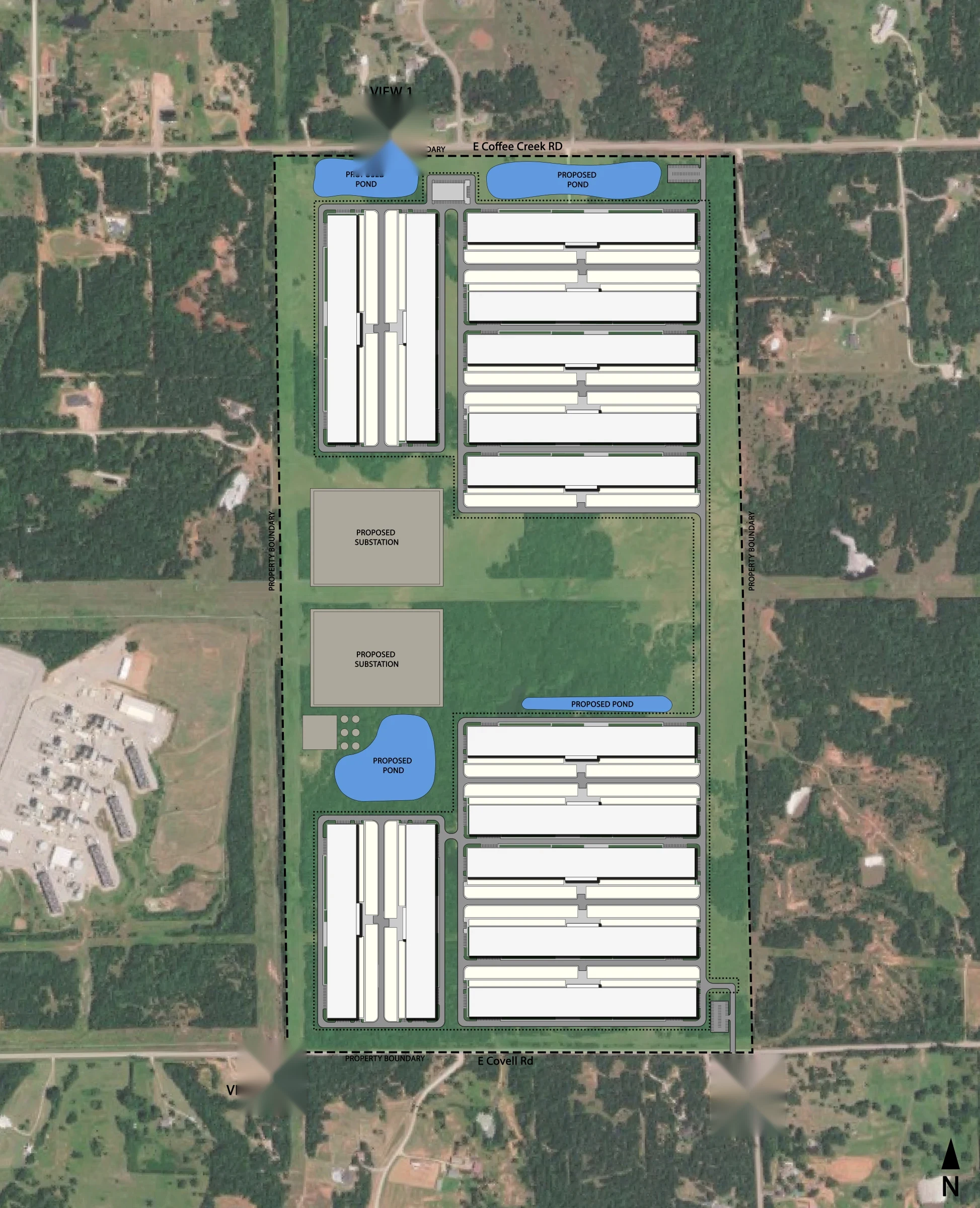 Redbud Energy Facility conceptual site plan showing building layout, setbacks, and landscaping buffers along NE 206th Street and E Coffee Creek Road